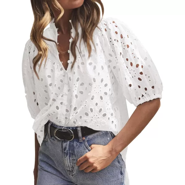 imageBTFBM Womens Casual Summer Blouse Tops Hollow Out Eyelet Embroidery V Neck Buttons Puff Short Sleeve Dressy Boho ShirtSolid White