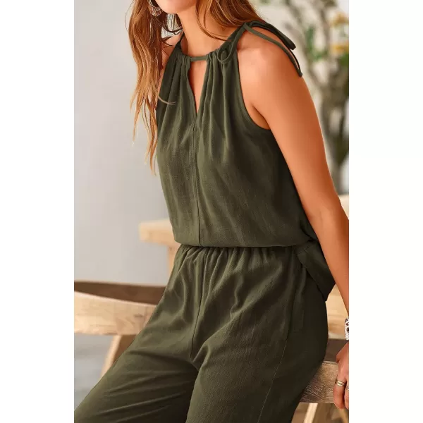 imageBTFBM Womens Casual Summer Two Piece Outfits Cotton Linen Sets Cutout Halter Sleeveless Top Wide Leg Pants Matching SetSolid Army Green