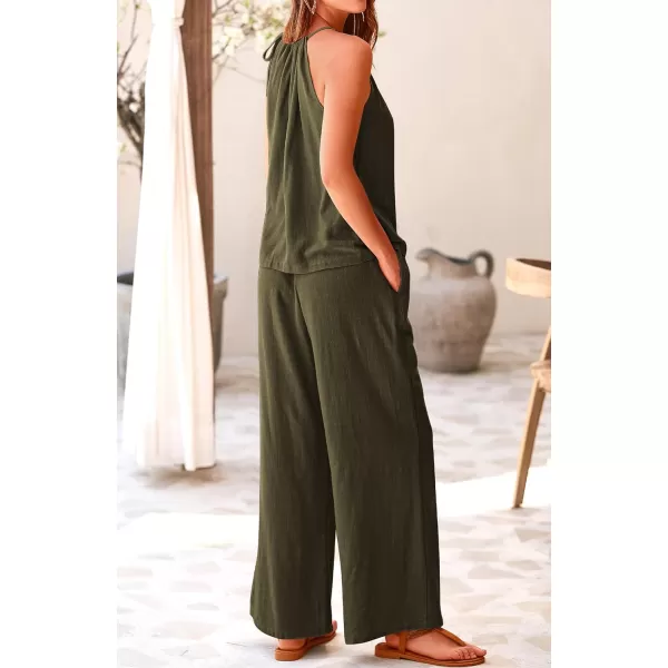 imageBTFBM Womens Casual Summer Two Piece Outfits Cotton Linen Sets Cutout Halter Sleeveless Top Wide Leg Pants Matching SetSolid Army Green