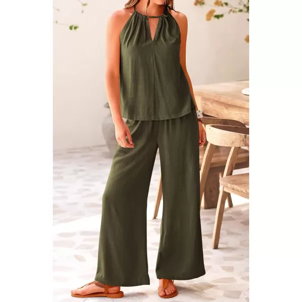imageBTFBM Womens Casual Summer Two Piece Outfits Cotton Linen Sets Cutout Halter Sleeveless Top Wide Leg Pants Matching SetSolid Army Green
