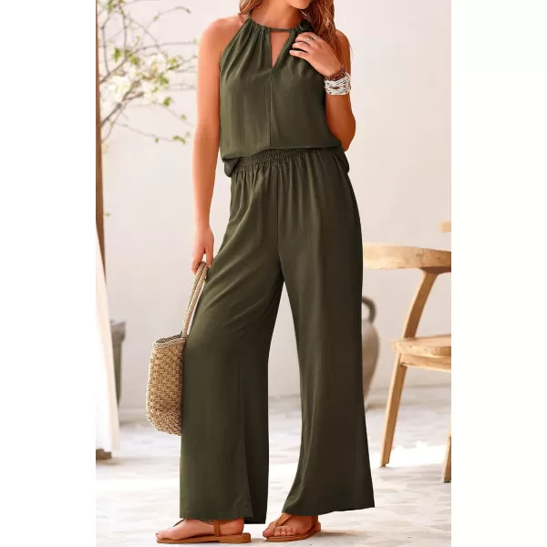 imageBTFBM Womens Casual Summer Two Piece Outfits Cotton Linen Sets Cutout Halter Sleeveless Top Wide Leg Pants Matching SetSolid Army Green