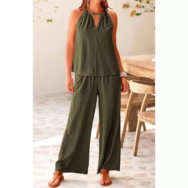 imageBTFBM Womens Casual Summer Two Piece Outfits Cotton Linen Sets Cutout Halter Sleeveless Top Wide Leg Pants Matching SetSolid Army Green