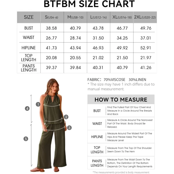 imageBTFBM Womens Casual Summer Two Piece Outfits Cotton Linen Sets Cutout Halter Sleeveless Top Wide Leg Pants Matching SetSolid Army Green