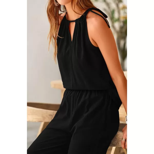 imageBTFBM Womens Casual Summer Two Piece Outfits Cotton Linen Sets Cutout Halter Sleeveless Top Wide Leg Pants Matching SetSolid Black