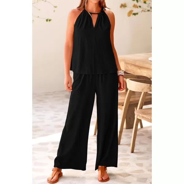 imageBTFBM Womens Casual Summer Two Piece Outfits Cotton Linen Sets Cutout Halter Sleeveless Top Wide Leg Pants Matching SetSolid Black