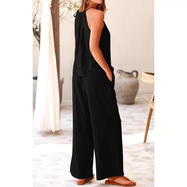 imageBTFBM Womens Casual Summer Two Piece Outfits Cotton Linen Sets Cutout Halter Sleeveless Top Wide Leg Pants Matching SetSolid Black