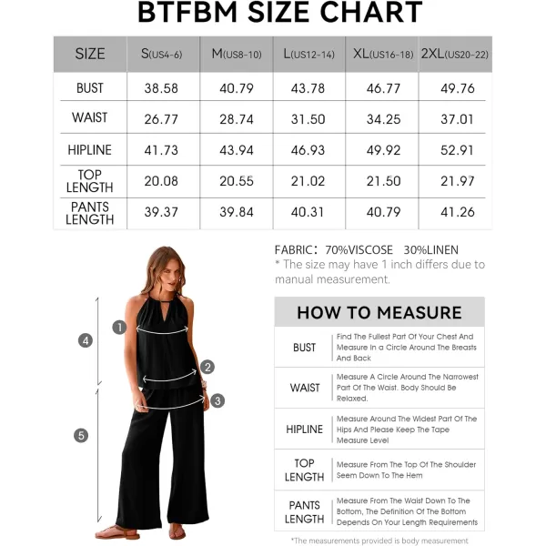 imageBTFBM Womens Casual Summer Two Piece Outfits Cotton Linen Sets Cutout Halter Sleeveless Top Wide Leg Pants Matching SetSolid Black