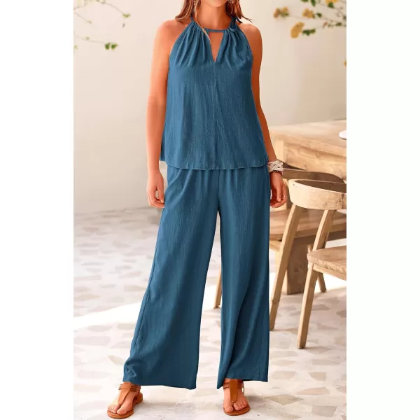 imageBTFBM Womens Casual Summer Two Piece Outfits Cotton Linen Sets Cutout Halter Sleeveless Top Wide Leg Pants Matching SetSolid Grey Blue
