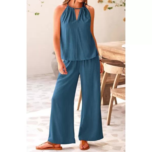 imageBTFBM Womens Casual Summer Two Piece Outfits Cotton Linen Sets Cutout Halter Sleeveless Top Wide Leg Pants Matching SetSolid Grey Blue