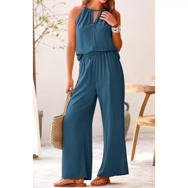 imageBTFBM Womens Casual Summer Two Piece Outfits Cotton Linen Sets Cutout Halter Sleeveless Top Wide Leg Pants Matching SetSolid Grey Blue