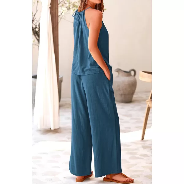imageBTFBM Womens Casual Summer Two Piece Outfits Cotton Linen Sets Cutout Halter Sleeveless Top Wide Leg Pants Matching SetSolid Grey Blue
