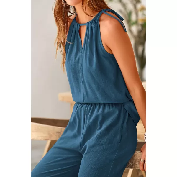 imageBTFBM Womens Casual Summer Two Piece Outfits Cotton Linen Sets Cutout Halter Sleeveless Top Wide Leg Pants Matching SetSolid Grey Blue