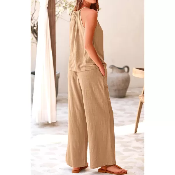 imageBTFBM Womens Casual Summer Two Piece Outfits Cotton Linen Sets Cutout Halter Sleeveless Top Wide Leg Pants Matching SetSolid Khaki