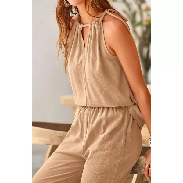 imageBTFBM Womens Casual Summer Two Piece Outfits Cotton Linen Sets Cutout Halter Sleeveless Top Wide Leg Pants Matching SetSolid Khaki