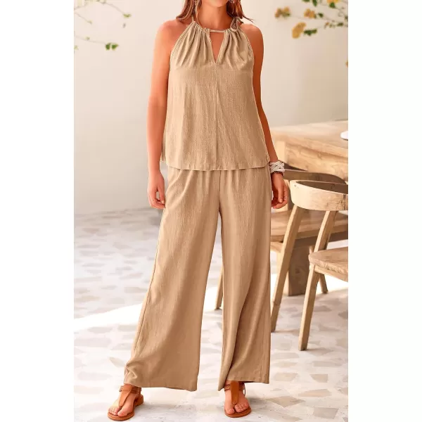 imageBTFBM Womens Casual Summer Two Piece Outfits Cotton Linen Sets Cutout Halter Sleeveless Top Wide Leg Pants Matching SetSolid Khaki