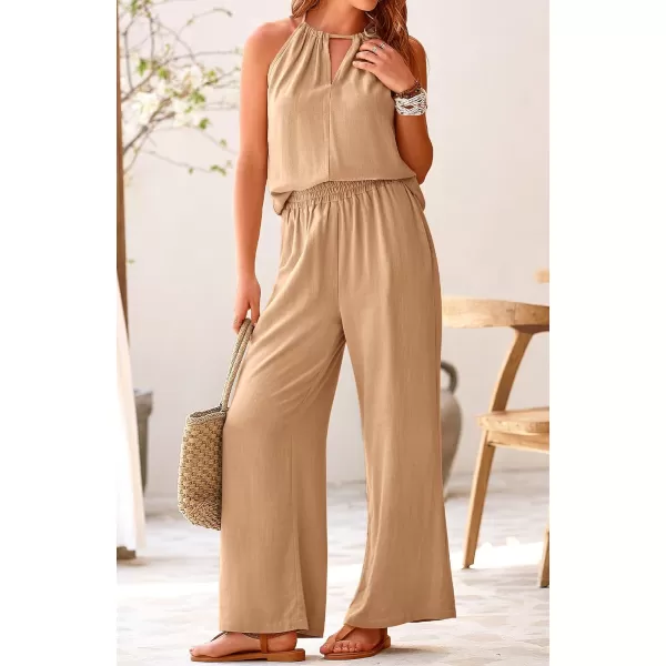 imageBTFBM Womens Casual Summer Two Piece Outfits Cotton Linen Sets Cutout Halter Sleeveless Top Wide Leg Pants Matching SetSolid Khaki