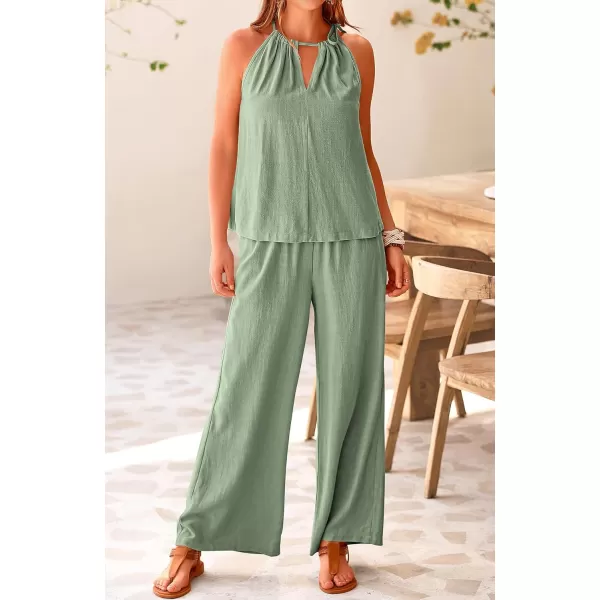 imageBTFBM Womens Casual Summer Two Piece Outfits Cotton Linen Sets Cutout Halter Sleeveless Top Wide Leg Pants Matching SetSolid Light Green