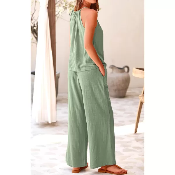 imageBTFBM Womens Casual Summer Two Piece Outfits Cotton Linen Sets Cutout Halter Sleeveless Top Wide Leg Pants Matching SetSolid Light Green