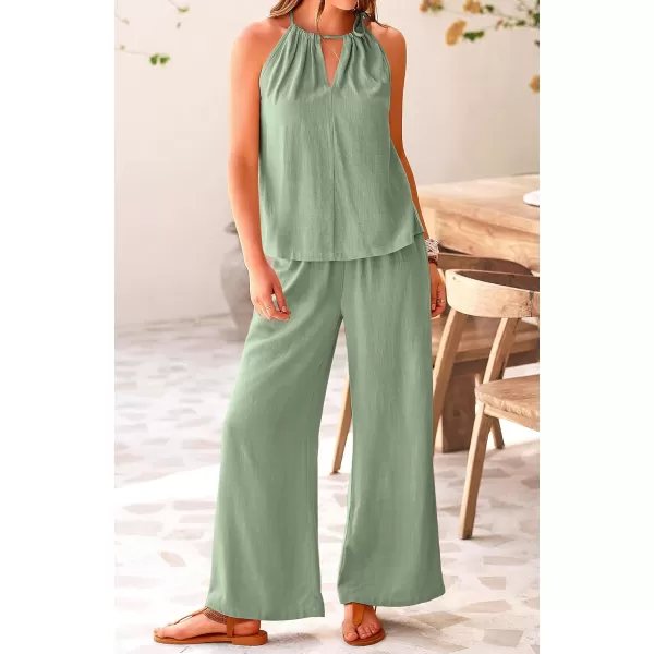 imageBTFBM Womens Casual Summer Two Piece Outfits Cotton Linen Sets Cutout Halter Sleeveless Top Wide Leg Pants Matching SetSolid Light Green