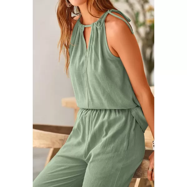 imageBTFBM Womens Casual Summer Two Piece Outfits Cotton Linen Sets Cutout Halter Sleeveless Top Wide Leg Pants Matching SetSolid Light Green