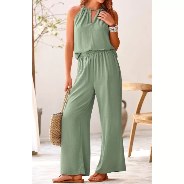 imageBTFBM Womens Casual Summer Two Piece Outfits Cotton Linen Sets Cutout Halter Sleeveless Top Wide Leg Pants Matching SetSolid Light Green