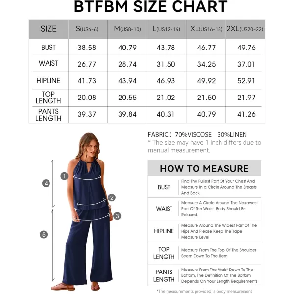 imageBTFBM Womens Casual Summer Two Piece Outfits Cotton Linen Sets Cutout Halter Sleeveless Top Wide Leg Pants Matching SetSolid Navy