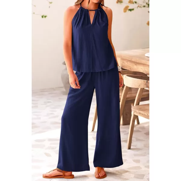 imageBTFBM Womens Casual Summer Two Piece Outfits Cotton Linen Sets Cutout Halter Sleeveless Top Wide Leg Pants Matching SetSolid Navy