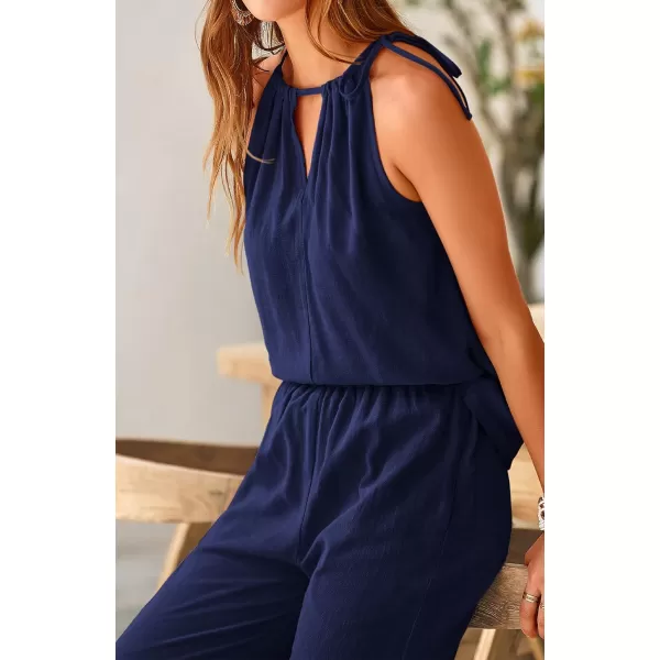 imageBTFBM Womens Casual Summer Two Piece Outfits Cotton Linen Sets Cutout Halter Sleeveless Top Wide Leg Pants Matching SetSolid Navy