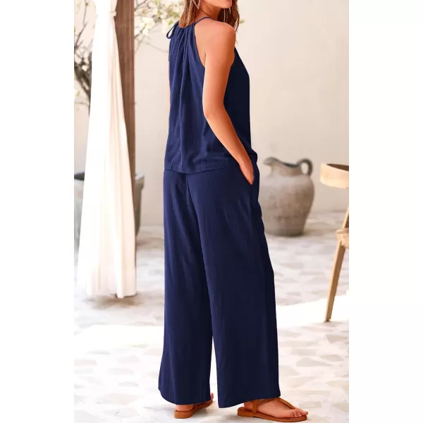 imageBTFBM Womens Casual Summer Two Piece Outfits Cotton Linen Sets Cutout Halter Sleeveless Top Wide Leg Pants Matching SetSolid Navy