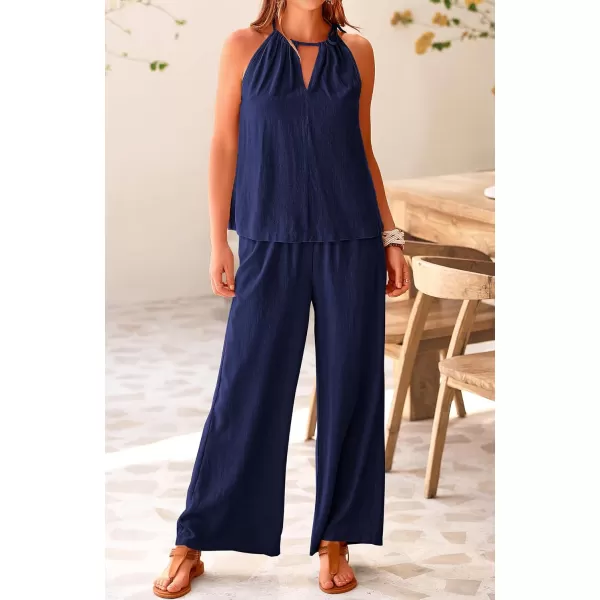 imageBTFBM Womens Casual Summer Two Piece Outfits Cotton Linen Sets Cutout Halter Sleeveless Top Wide Leg Pants Matching SetSolid Navy