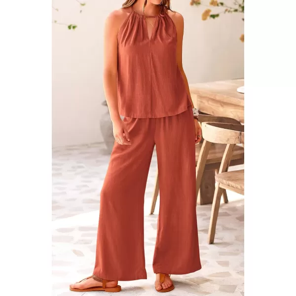 imageBTFBM Womens Casual Summer Two Piece Outfits Cotton Linen Sets Cutout Halter Sleeveless Top Wide Leg Pants Matching SetSolid Rust Red