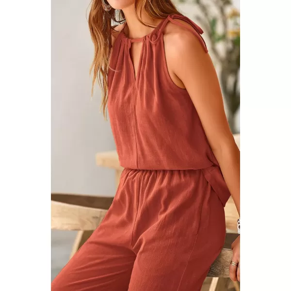 imageBTFBM Womens Casual Summer Two Piece Outfits Cotton Linen Sets Cutout Halter Sleeveless Top Wide Leg Pants Matching SetSolid Rust Red