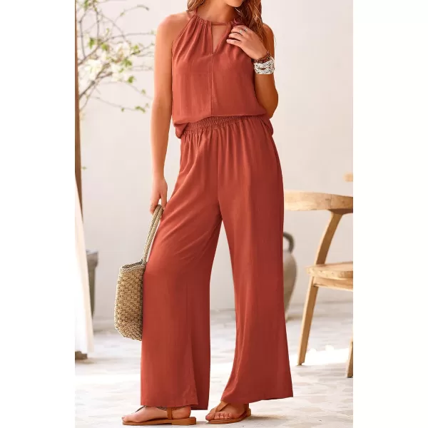 imageBTFBM Womens Casual Summer Two Piece Outfits Cotton Linen Sets Cutout Halter Sleeveless Top Wide Leg Pants Matching SetSolid Rust Red
