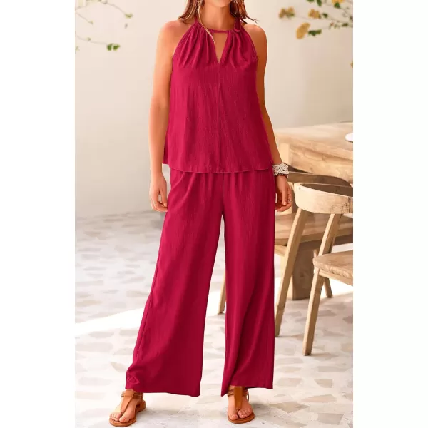 imageBTFBM Womens Casual Summer Two Piece Outfits Cotton Linen Sets Cutout Halter Sleeveless Top Wide Leg Pants Matching SetSolid Wine Red