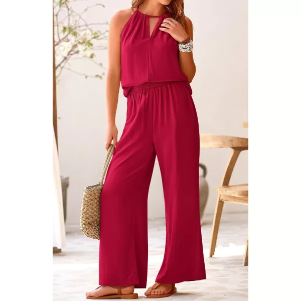 imageBTFBM Womens Casual Summer Two Piece Outfits Cotton Linen Sets Cutout Halter Sleeveless Top Wide Leg Pants Matching SetSolid Wine Red