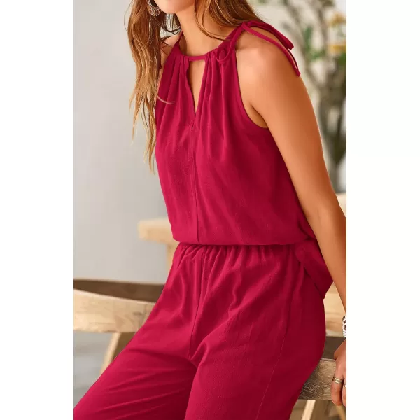 imageBTFBM Womens Casual Summer Two Piece Outfits Cotton Linen Sets Cutout Halter Sleeveless Top Wide Leg Pants Matching SetSolid Wine Red