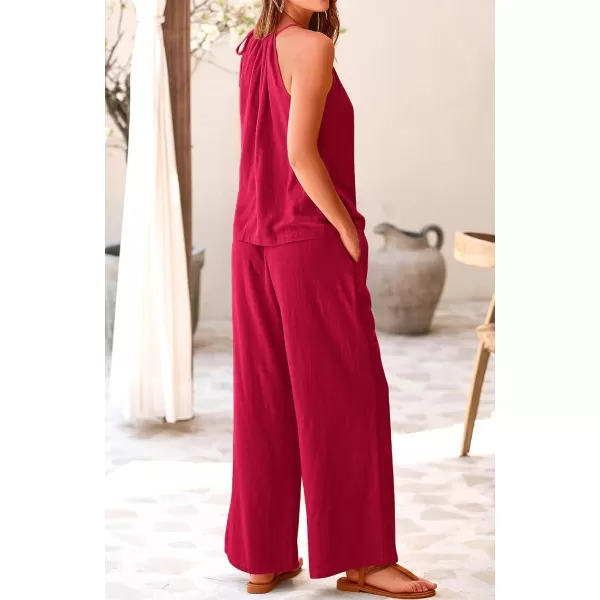 imageBTFBM Womens Casual Summer Two Piece Outfits Cotton Linen Sets Cutout Halter Sleeveless Top Wide Leg Pants Matching SetSolid Wine Red