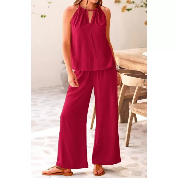 imageBTFBM Womens Casual Summer Two Piece Outfits Cotton Linen Sets Cutout Halter Sleeveless Top Wide Leg Pants Matching SetSolid Wine Red