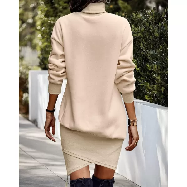 imageBTFBM Womens Casual Sweatshirt Dress Long Sleeve Turtleneck Side Zipper Wrap Hem 2023 Fall Winter Long Pullover DressesSolid Apricot