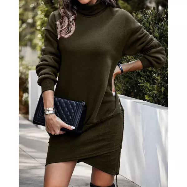 imageBTFBM Womens Casual Sweatshirt Dress Long Sleeve Turtleneck Side Zipper Wrap Hem 2023 Fall Winter Long Pullover DressesSolid Army Green