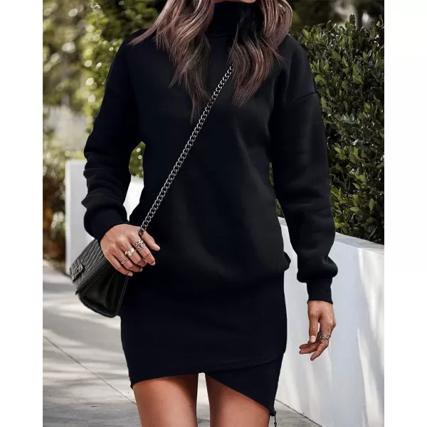 imageBTFBM Womens Casual Sweatshirt Dress Long Sleeve Turtleneck Side Zipper Wrap Hem 2023 Fall Winter Long Pullover DressesSolid Black