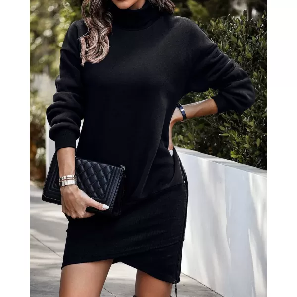 imageBTFBM Womens Casual Sweatshirt Dress Long Sleeve Turtleneck Side Zipper Wrap Hem 2023 Fall Winter Long Pullover DressesSolid Black