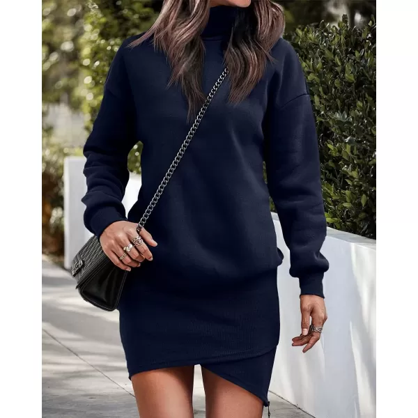 imageBTFBM Womens Casual Sweatshirt Dress Long Sleeve Turtleneck Side Zipper Wrap Hem 2023 Fall Winter Long Pullover DressesSolid Navy