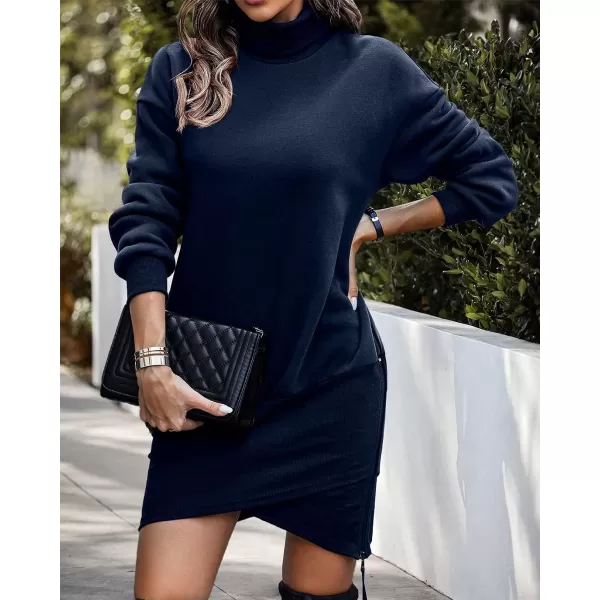 imageBTFBM Womens Casual Sweatshirt Dress Long Sleeve Turtleneck Side Zipper Wrap Hem 2023 Fall Winter Long Pullover DressesSolid Navy