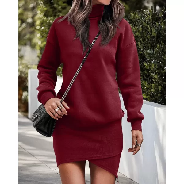 imageBTFBM Womens Casual Sweatshirt Dress Long Sleeve Turtleneck Side Zipper Wrap Hem 2023 Fall Winter Long Pullover DressesSolid Wine Red