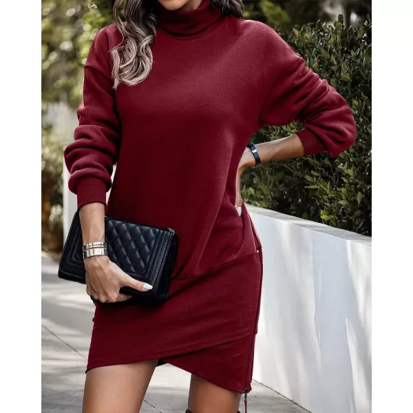 imageBTFBM Womens Casual Sweatshirt Dress Long Sleeve Turtleneck Side Zipper Wrap Hem 2023 Fall Winter Long Pullover DressesSolid Wine Red