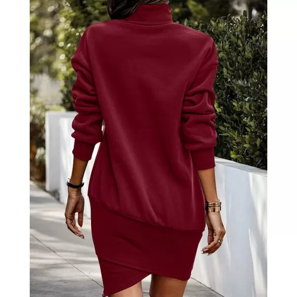 imageBTFBM Womens Casual Sweatshirt Dress Long Sleeve Turtleneck Side Zipper Wrap Hem 2023 Fall Winter Long Pullover DressesSolid Wine Red