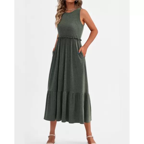imageBTFBM Womens Casual Tank Dress Crewneck Boho Summer Sleeveless Sundress Ruffle Tiered Cocktail Midi Dresses with PocketsSolid Army Green