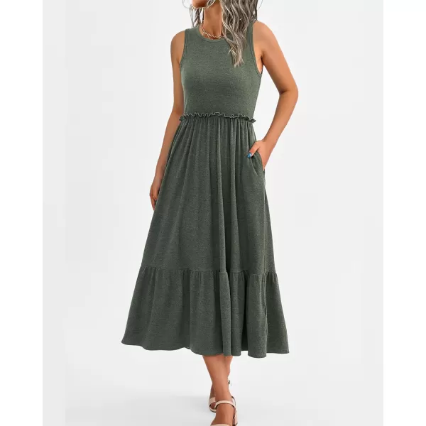 imageBTFBM Womens Casual Tank Dress Crewneck Boho Summer Sleeveless Sundress Ruffle Tiered Cocktail Midi Dresses with PocketsSolid Army Green