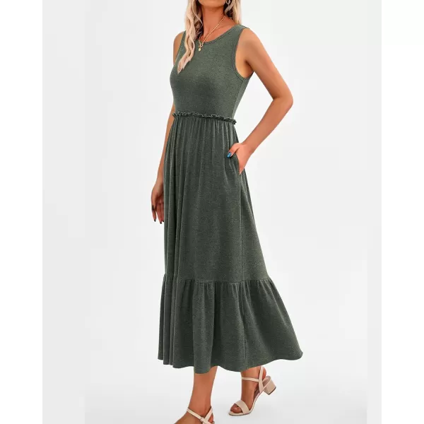 imageBTFBM Womens Casual Tank Dress Crewneck Boho Summer Sleeveless Sundress Ruffle Tiered Cocktail Midi Dresses with PocketsSolid Army Green